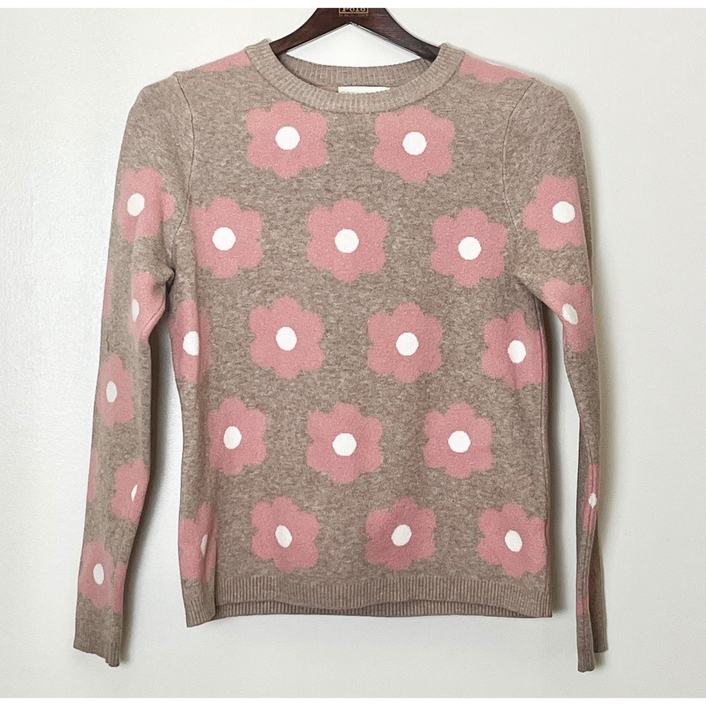 Cynthia Rowley Daisy Sweater Women's Medium Tan Pink Floral Coconut Girl Barbie